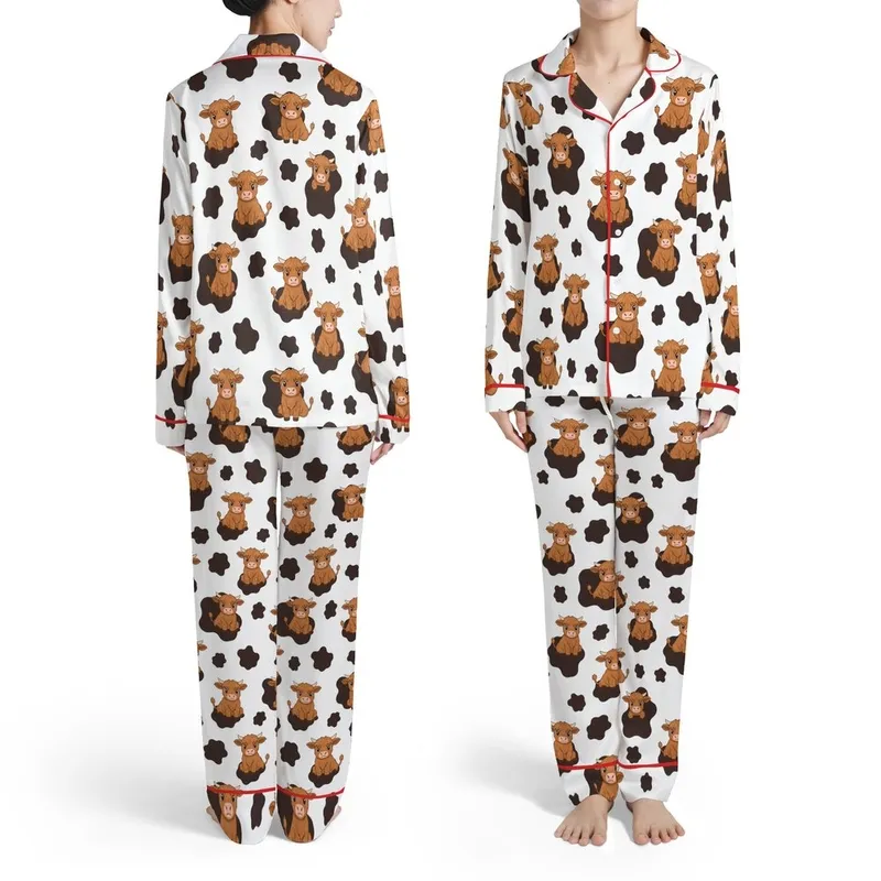 Highland Calves Reddish Brown Fur Dark Brown Patches White Background Sitting Standing Peeking Satin Pajamas Set - 1