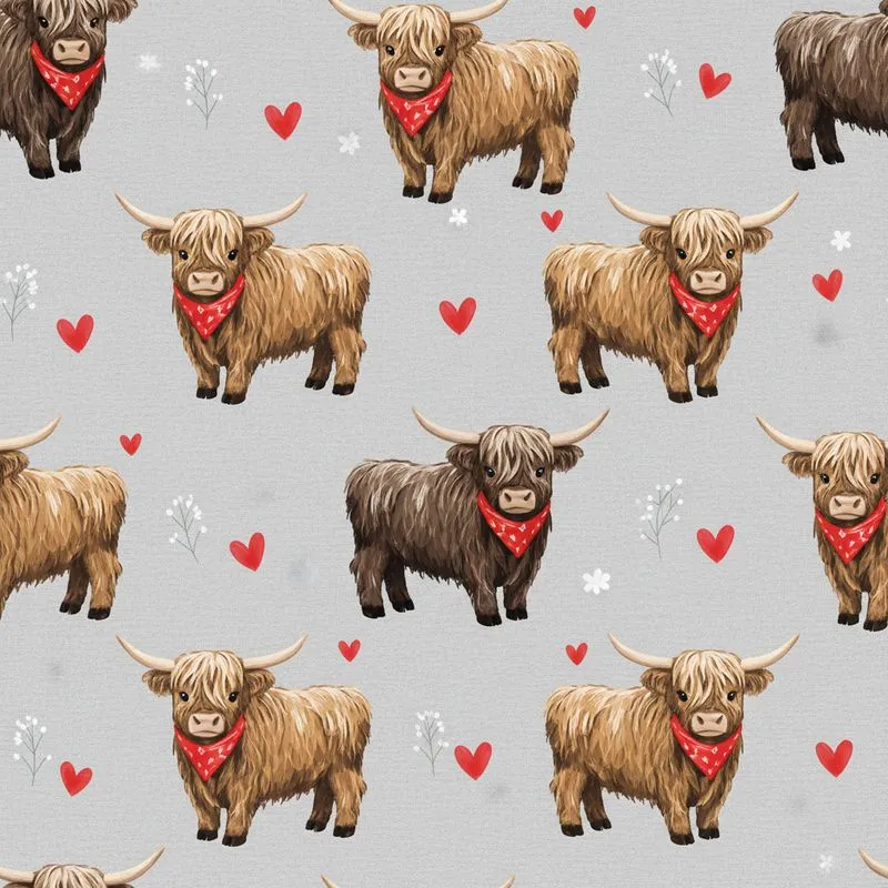 Highland Cow Lover: Fluffy Brown Tan Cows, Red Bandanas, Small Heart Details Satin Pajamas Set - 1