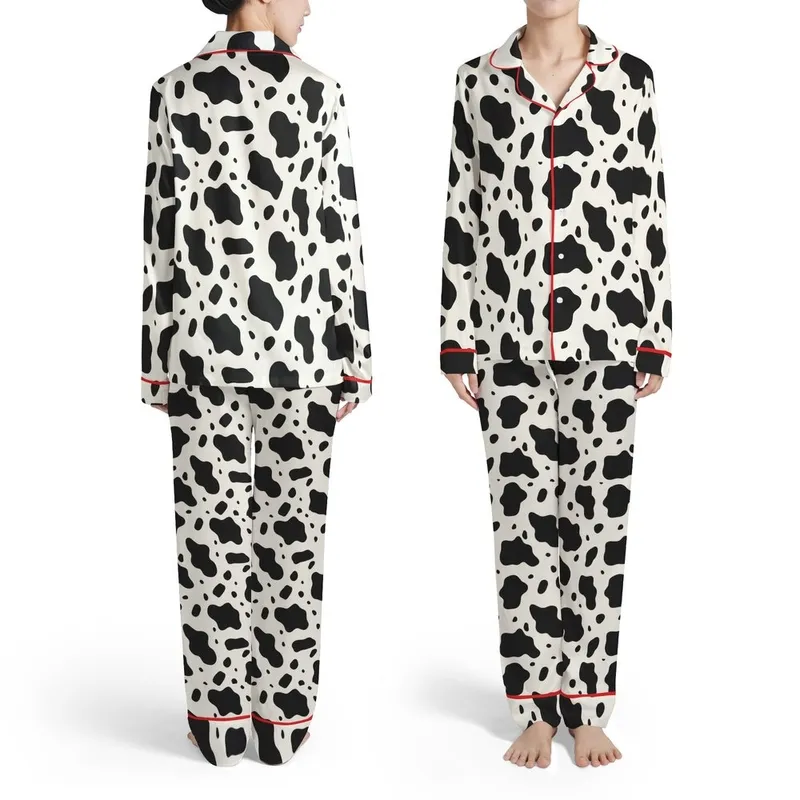 Black Cream Organic Spot Pattern Irregular Patches High Contrast Undulating Edges Graphic Satin Pajamas Set - 1