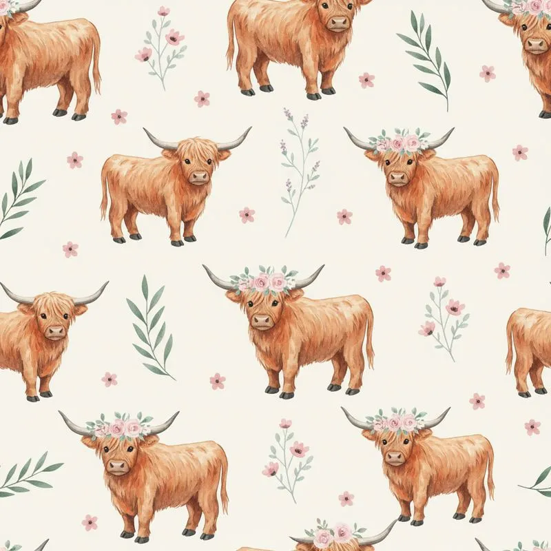 Highland Cows Calves Floral Wreaths Pink Rose Sage Green Blue Foliage Off-White Satin Pajamas Set - 1