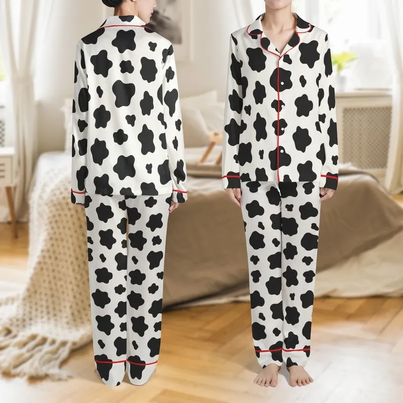 Cow Print Enthusiast: Off-White Black Organic Spot Pattern All-Over Seamless Hand-Drawn Design Satin Pajamas Set - 1