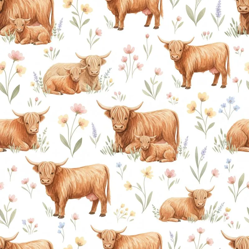 Highland Cow Calves Watercolor Print: Reddish Brown Fur, Pink Yellow Floral Meadow Satin Pajamas Set - 1