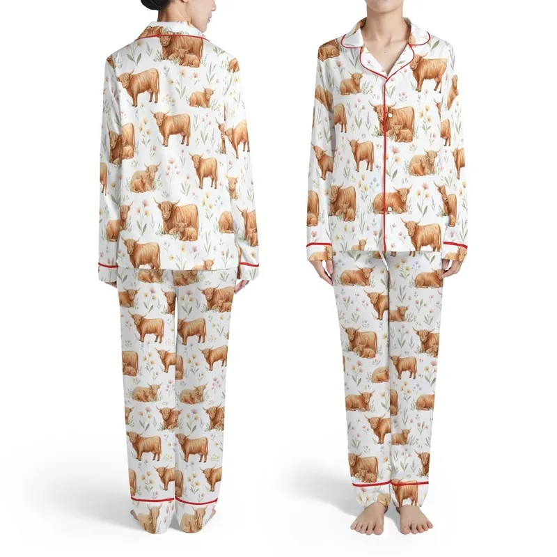 Highland Cow Calves Watercolor Print: Reddish Brown Fur, Pink Yellow Floral Meadow Satin Pajamas Set - 1