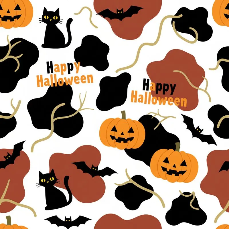 White Background Black Reddish-Brown Cow Spot Halloween Bat Pumpkin Cat Happy Halloween Text Lines Satin Pajamas Set - 1
