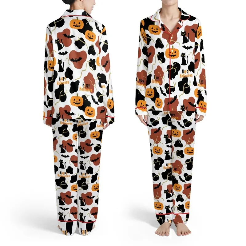 White Background Black Reddish-Brown Cow Spot Halloween Bat Pumpkin Cat Happy Halloween Text Lines Satin Pajamas Set - 1
