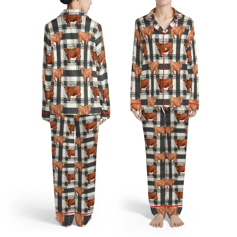 Highland Cattle Distressed Charcoal Black Off-White Buffalo Plaid Red-Brown Burnt Orange Pattern Satin Pajamas Set - 1