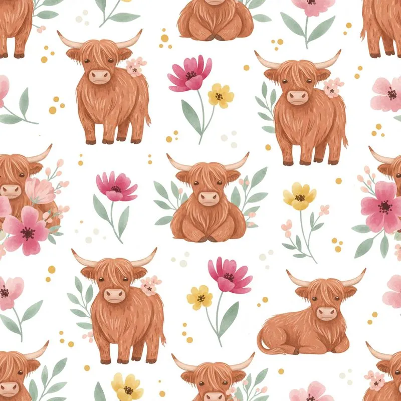 Highland Cow Calves Repeating Reddish Brown Fur Fuchsia Pink Yellow Wildflowers White Satin Pajamas Set - 1