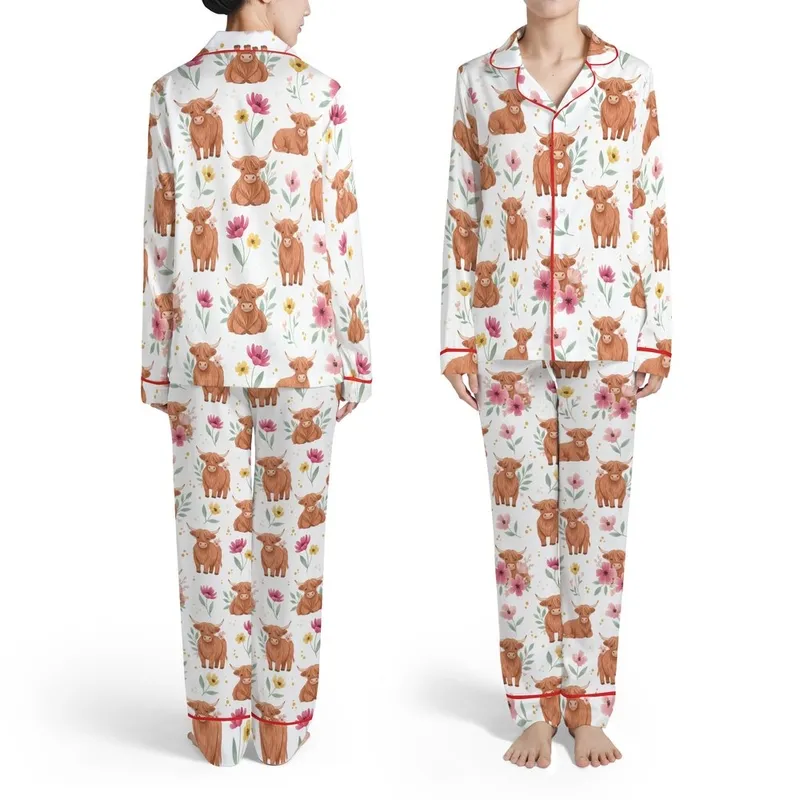 Highland Cow Calves Repeating Reddish Brown Fur Fuchsia Pink Yellow Wildflowers White Satin Pajamas Set - 1