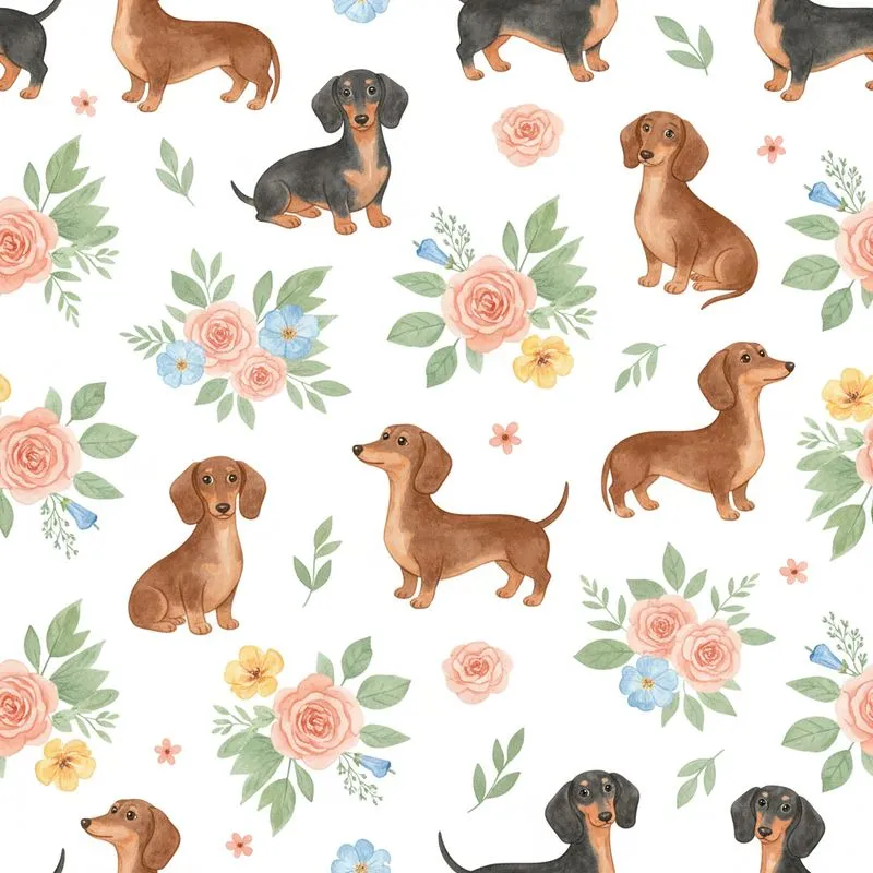 Dachshunds Poses Rose Petunia Green Foliage Seamless Repeat Watercolor Item Satin Pajamas Set - 1
