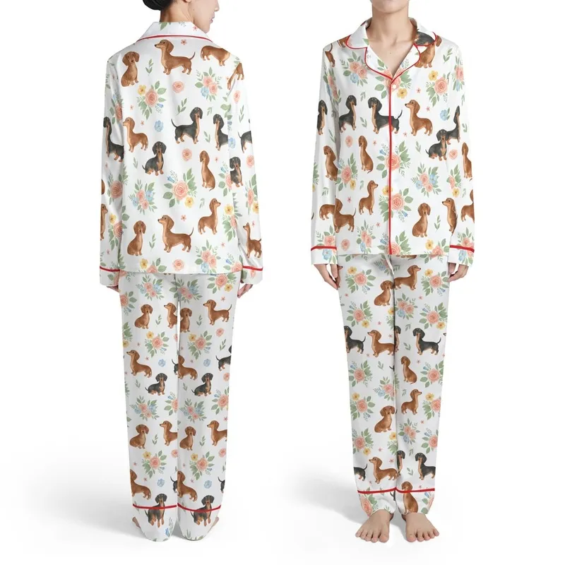 Dachshunds Poses Rose Petunia Green Foliage Seamless Repeat Watercolor Item Satin Pajamas Set - 1