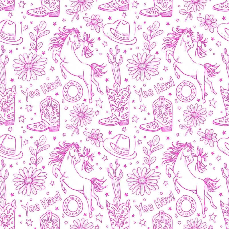 Hot Pink Western Floral Cowboy Boots Horses Saguaro Stars Yee Haw Motifs Satin Pajamas Set - 1