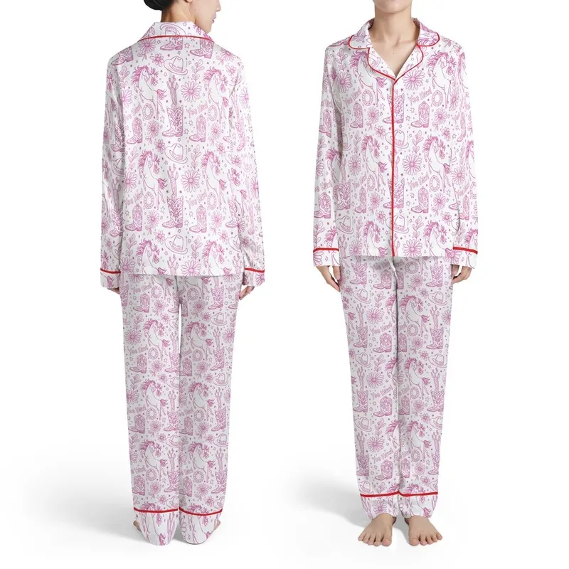 Hot Pink Western Floral Cowboy Boots Horses Saguaro Stars Yee Haw Motifs Satin Pajamas Set - 1