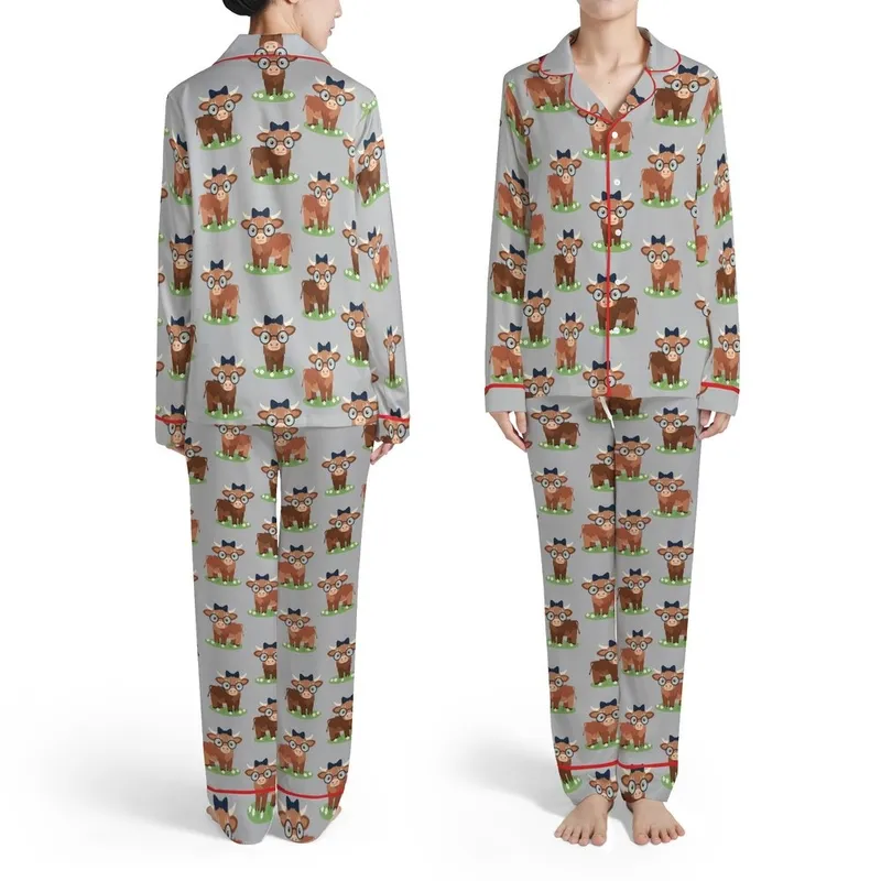 Highland Calf Lover: Shaggy Fawn Reddish Brown Navy Glasses Bow Daisy Meadow Satin Pajamas Set - 1