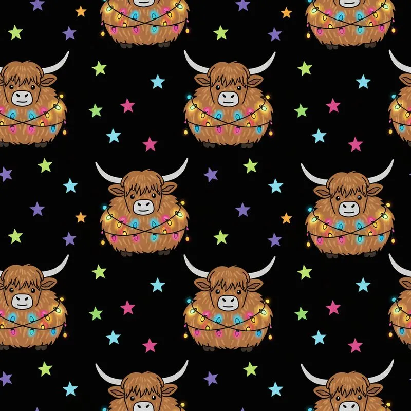 Highland Calves Multicolored Christmas Lights Black Sky Yellow Pink Stars Satin Pajamas Set - 1