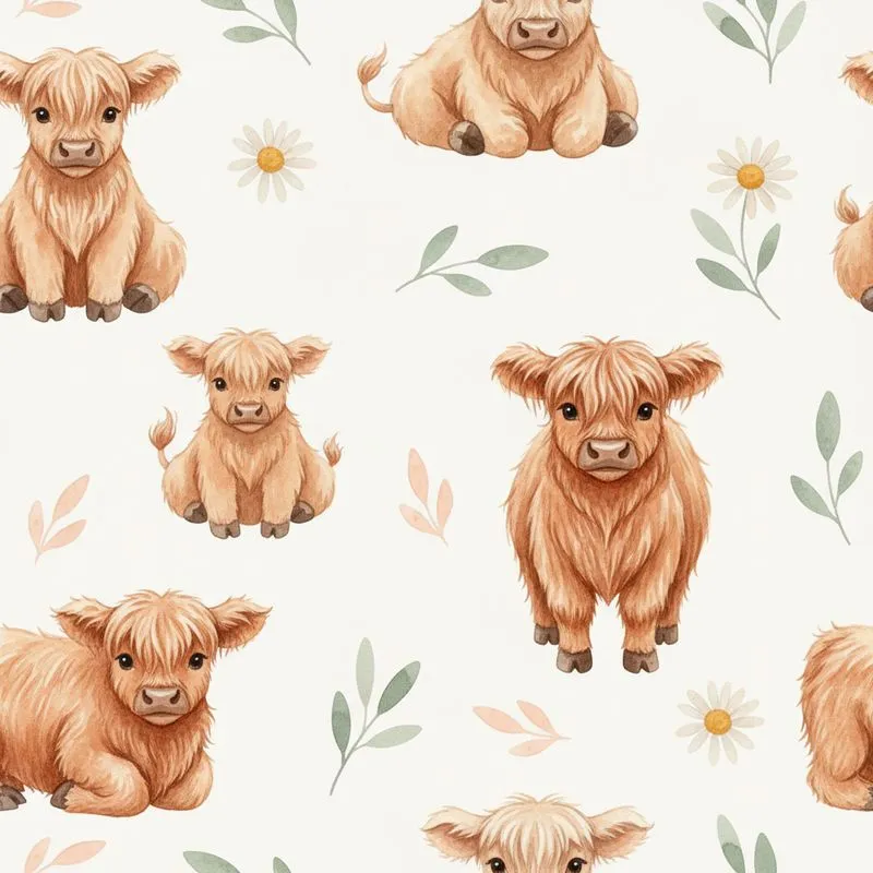 Highland Cow Fan Watercolor Calves Daisy Foliage Pattern Fabric Satin Pajamas Set - 1