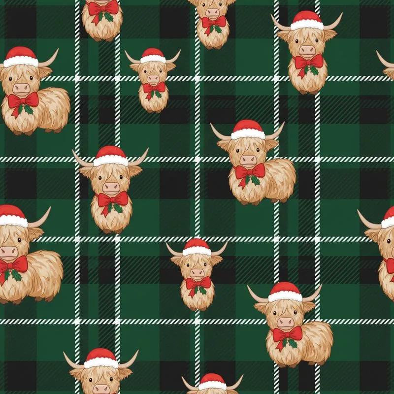 Highland Cow Christmas: Emerald Green Black White Tartan Plaid, Santa Hat, Red Bow Satin Pajamas Set - 1