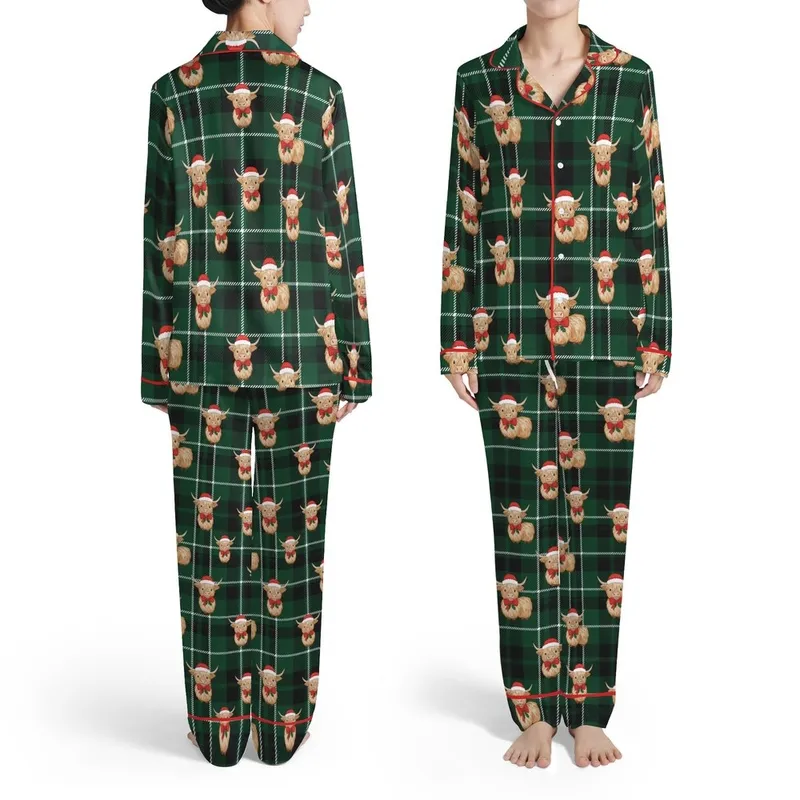 Highland Cow Christmas: Emerald Green Black White Tartan Plaid, Santa Hat, Red Bow Satin Pajamas Set - 1