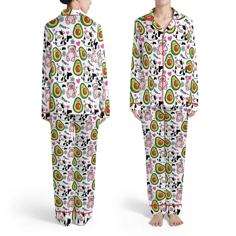 Cheerful Animal Lover's Smiling Avocado Cow Bear Hot Pink Heart Moo Textile Print Satin Pajamas Set - 1