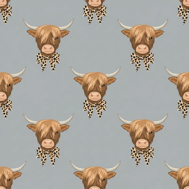 Highland Cow Fan: Brown Fur Heads Pink Nose Leopard Bows Heather Grey All-Over Print Satin Pajamas Set - 1