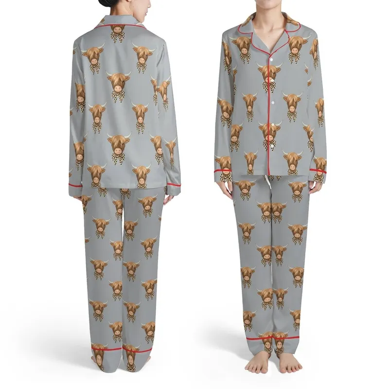 Highland Cow Fan: Brown Fur Heads Pink Nose Leopard Bows Heather Grey All-Over Print Satin Pajamas Set - 1