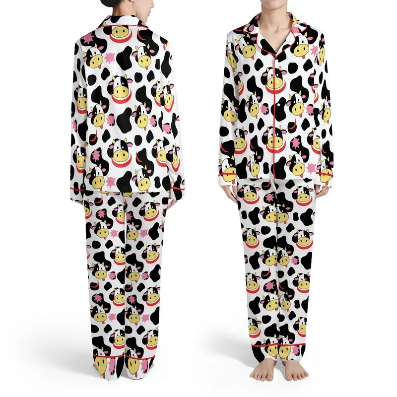 Dairy Farm Illustrative Cow Black Spot Pink Udder Red Collar Pink Tongue Design Satin Pajamas Set - 1