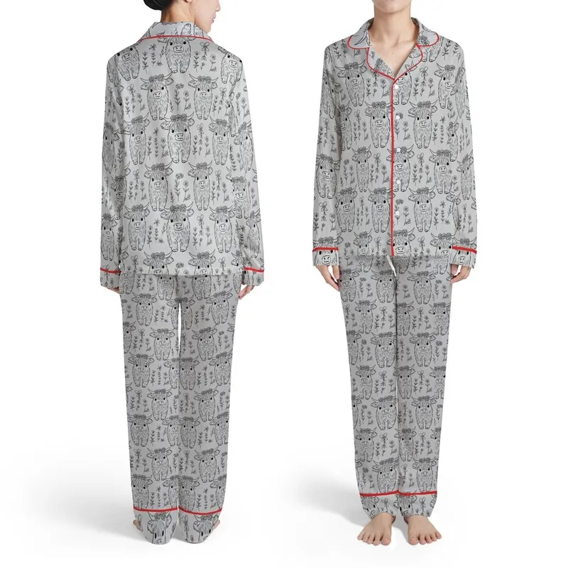 Highland Calf Black Line Art Flower Crown Heather Grey All-Over Floral Motif Satin Pajamas Set - 1
