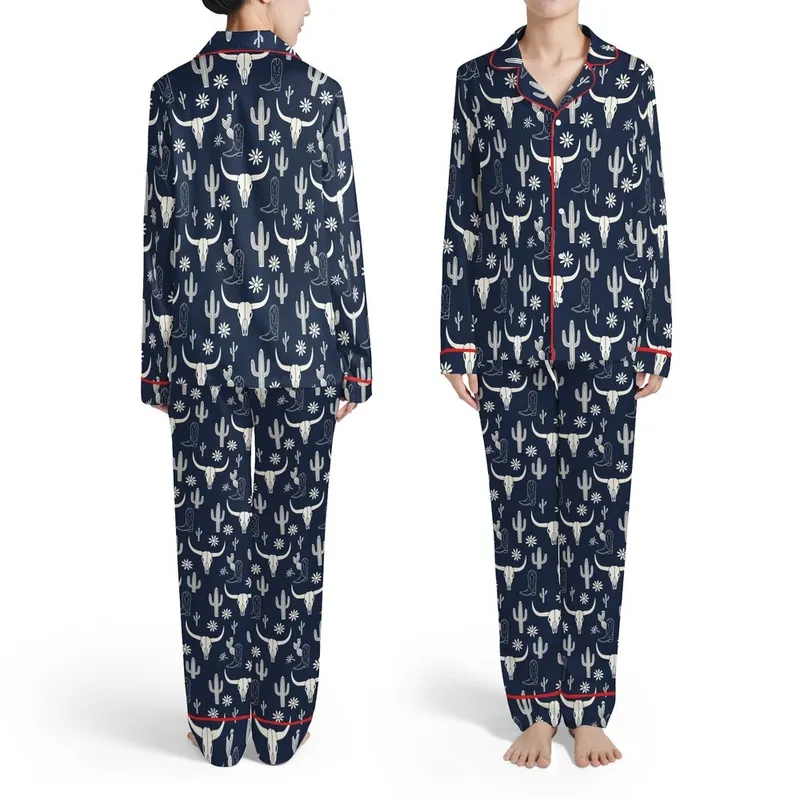 Scattered Bull Skull Longhorn Saguaro Cactus Cowboy Boot Wildflower Navy Off-White Satin Pajamas Set - 1