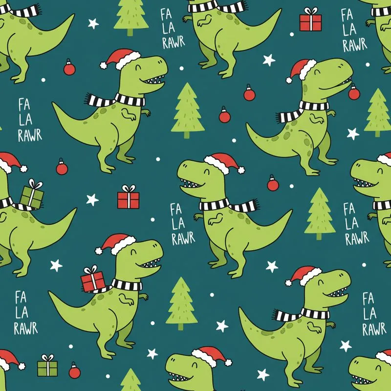 Dinosaur T-Rex: Lime Green Santa Hat Dinosaurs, Red Scarves, Presents, Stars, 'FA LA LA RAWR' Satin Pajamas Set - 1