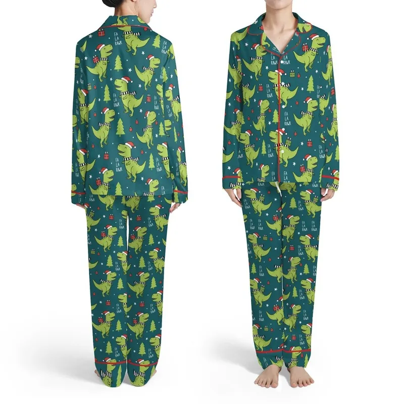 Dinosaur T-Rex: Lime Green Santa Hat Dinosaurs, Red Scarves, Presents, Stars, 'FA LA LA RAWR' Satin Pajamas Set - 1