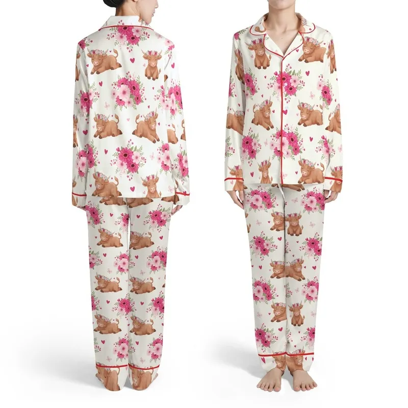Baby Highland Calves Flower Crown Fuchsia Pink Gerbera Daisy Cherry Blossom Butterfly Hearts Berries Satin Pajamas Set - 1