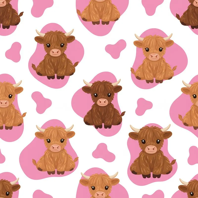 Shaggy Brown Baby Highland Cows Fuchsia Pink Organic Blobs White Backdrop Satin Pajamas Set - 1