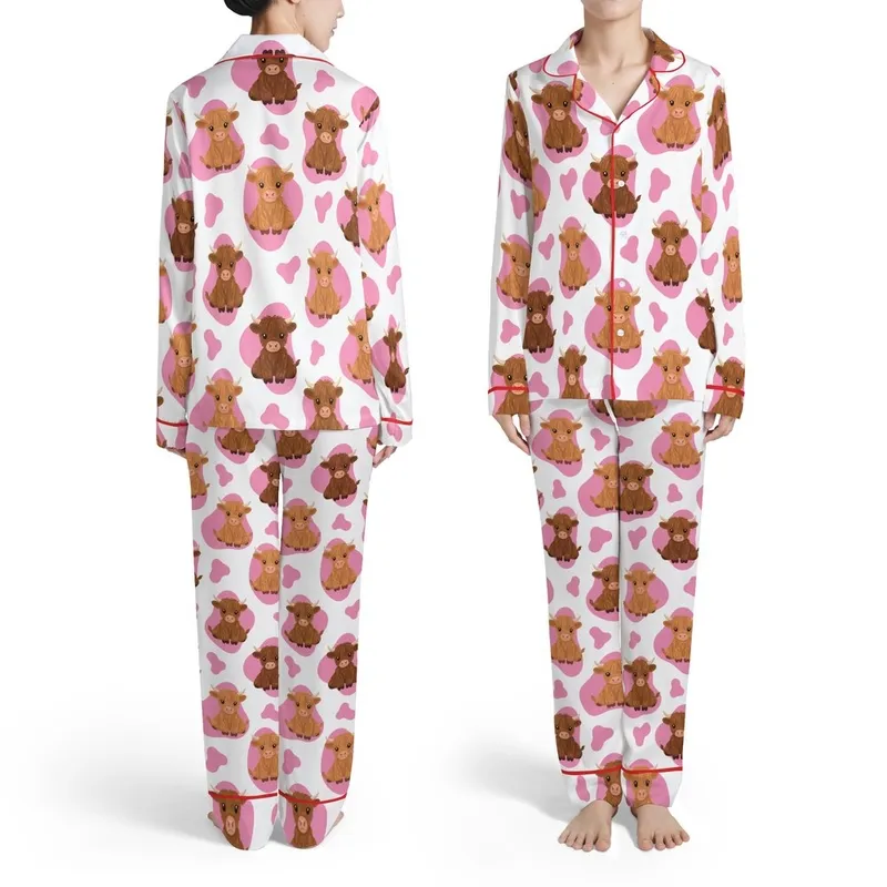 Shaggy Brown Baby Highland Cows Fuchsia Pink Organic Blobs White Backdrop Satin Pajamas Set - 1