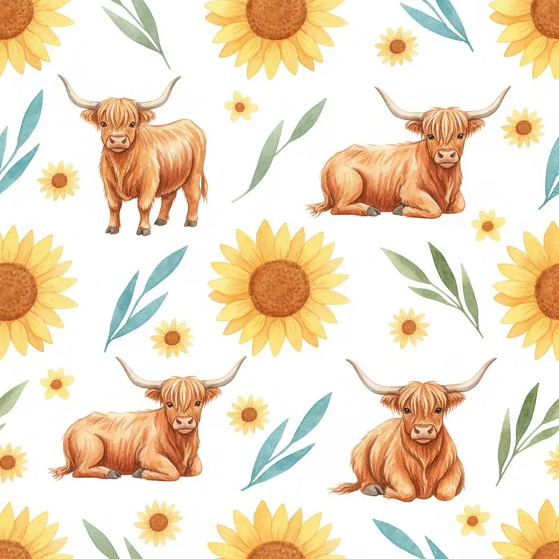Highland Cow Watercolor Pattern: Golden Cows, Yellow Sunflowers, Green & Teal Foliage Satin Pajamas Set - 1