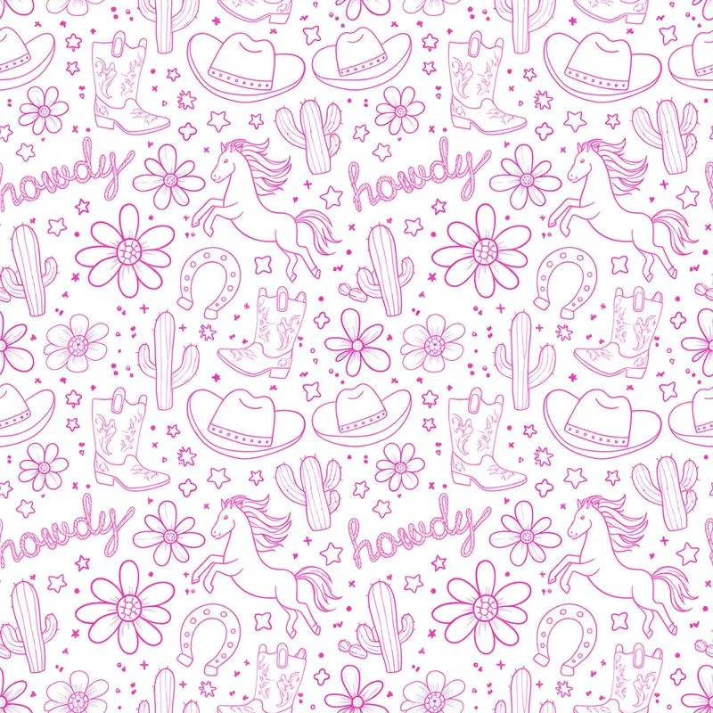 Western Country Hot Pink Outline Wildflower Cowboy Boot Horse Horseshoe Howdy Satin Pajamas Set - 1
