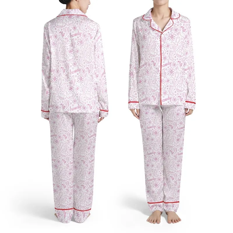 Western Country Hot Pink Outline Wildflower Cowboy Boot Horse Horseshoe Howdy Satin Pajamas Set - 1