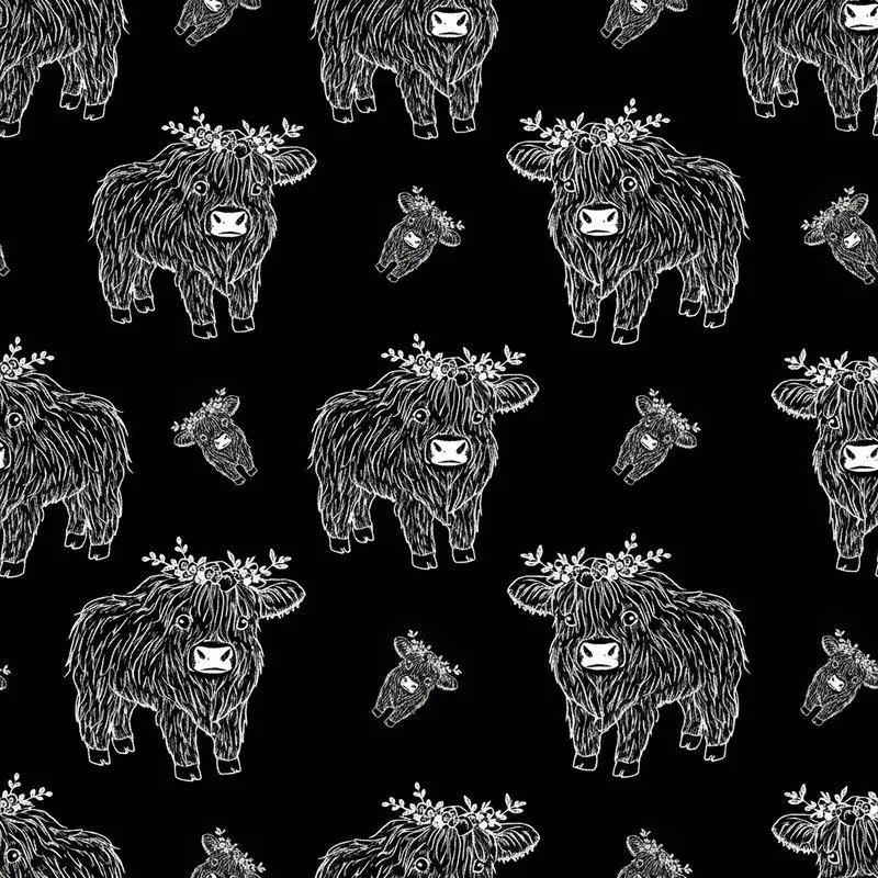 Highland Calf White Line Art Floral Wreath Motif, Hand-Drawn Fur, Black Background Satin Pajamas Set - 1
