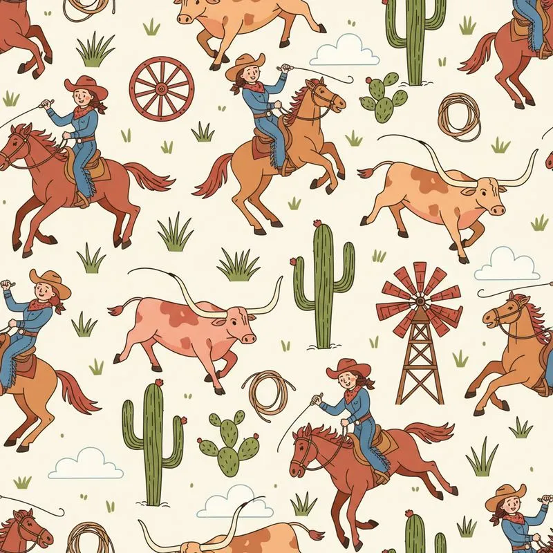 Cowgirl Riders & Roping Longhorn Cattle Desert Cacti Windmills Wagon Wheels Lasso Satin Pajamas Set - 1