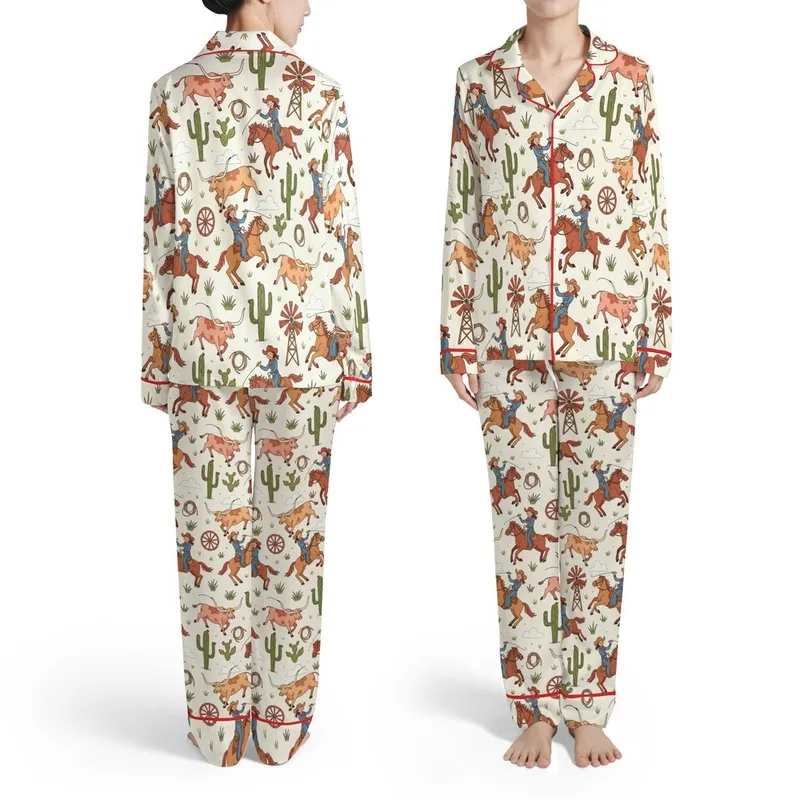 Cowgirl Riders & Roping Longhorn Cattle Desert Cacti Windmills Wagon Wheels Lasso Satin Pajamas Set - 1