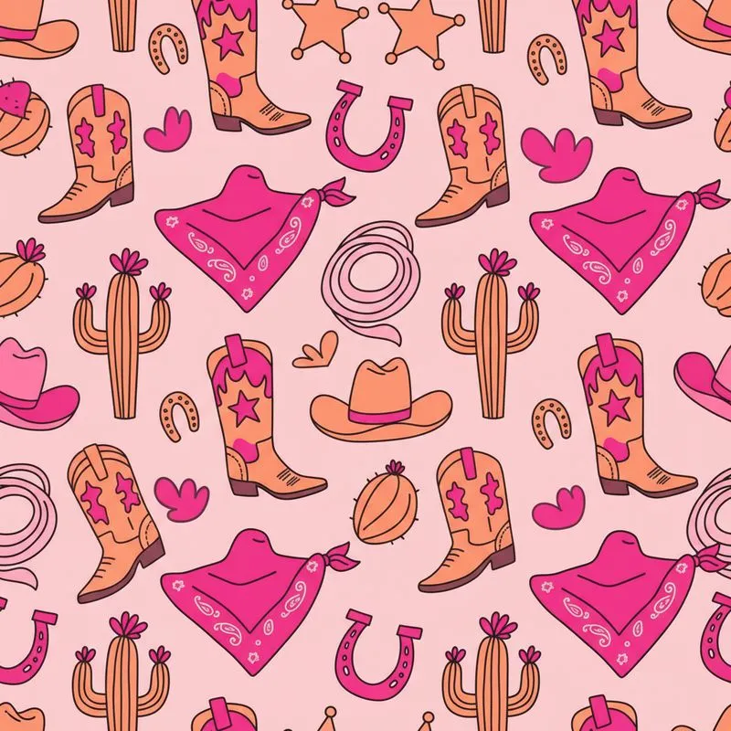 Pink Cartoon Western Boots Hats Bandanas Cacti Lassos Sheriff Stars Design Satin Pajamas Set - 1