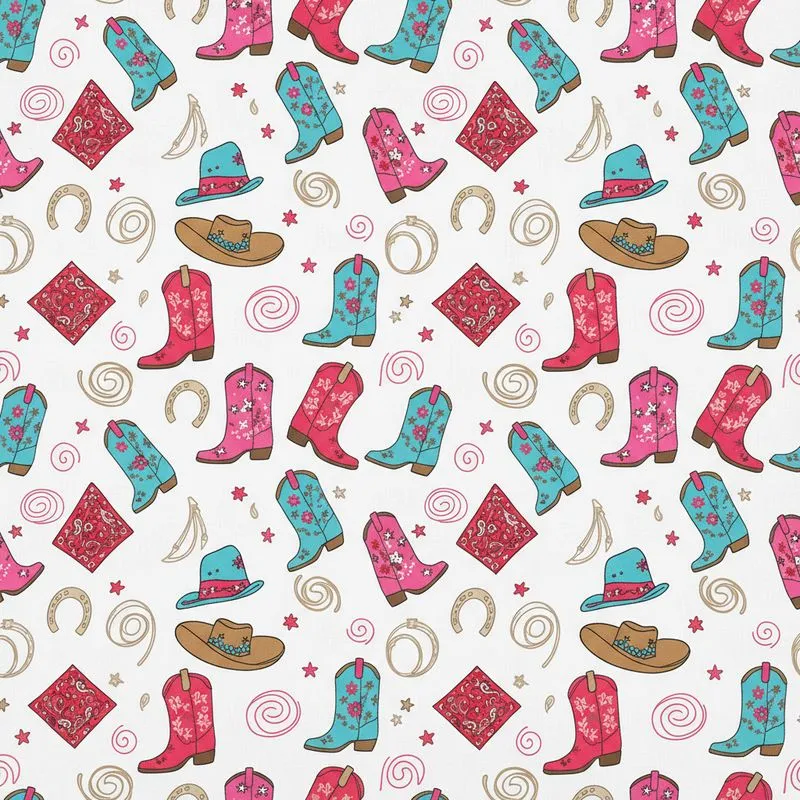 Western Rodeo Boots Stars Hats Floral Bandanas Horseshoes Lasso Pink Blue White Satin Pajamas Set - 1