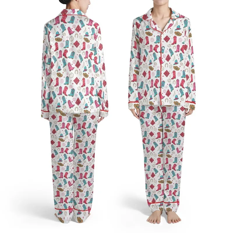 Western Rodeo Boots Stars Hats Floral Bandanas Horseshoes Lasso Pink Blue White Satin Pajamas Set - 1