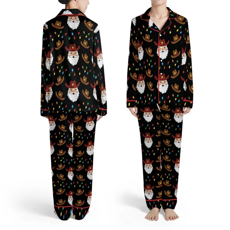 Western Christmas Cowboy Santa Faces Glitter Hats Sheriff Stars Multi-Color Lights Motif Satin Pajamas Set - 1