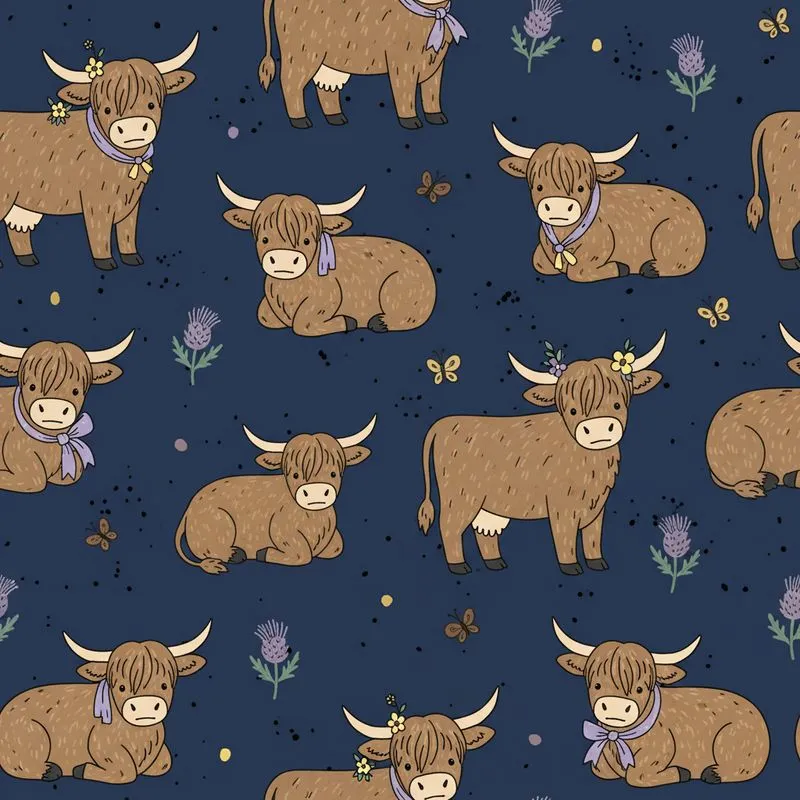 Highland Cow Lover: Shaggy Fur Calves Yellow Bows Thistle Navy Blue Speckle Item Satin Pajamas Set - 1