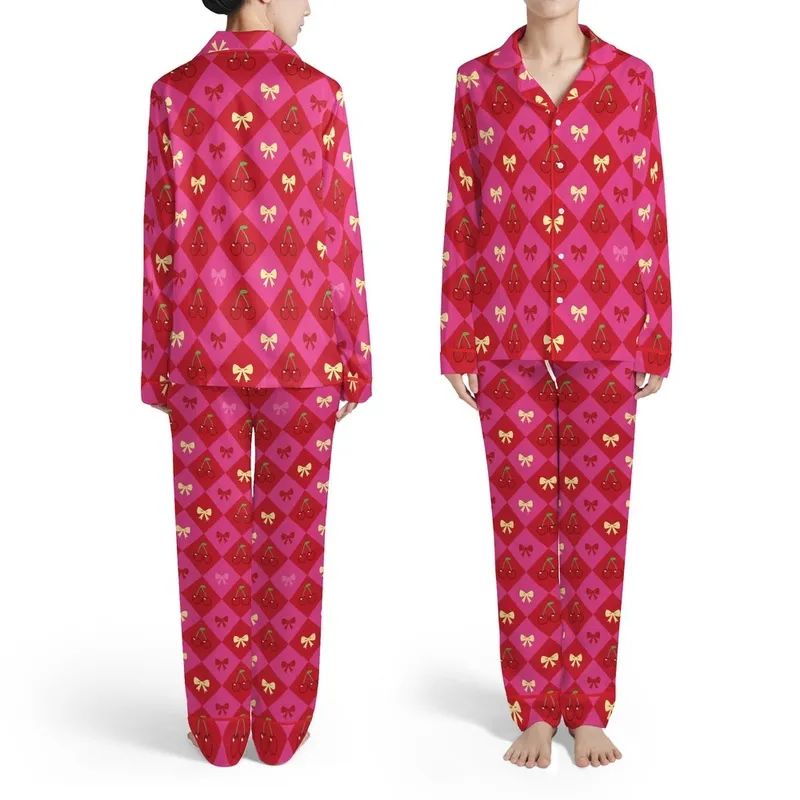 Repeating Cherry Red Fuchsia Pink Diagonal Diamond Grid Design, Flat Graphic Cherries & Bows Satin Pajamas Set - 1