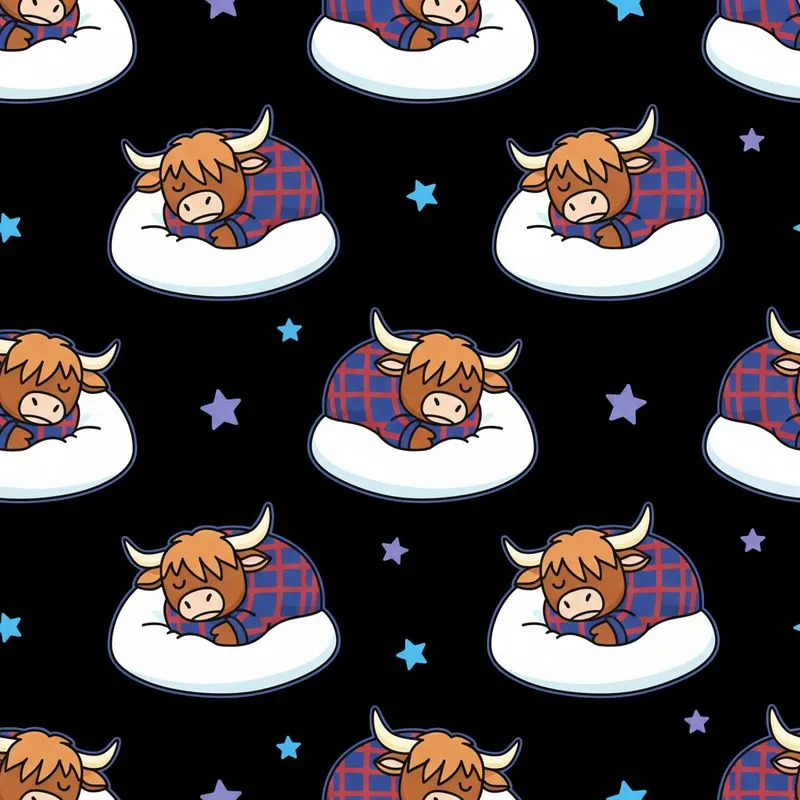 Highland Cow Sleeping Plaid Nightshirt Brown Cow White Pillow Black Blue Stars Satin Pajamas Set - 1