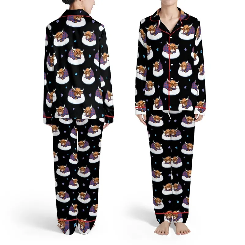 Highland Cow Sleeping Plaid Nightshirt Brown Cow White Pillow Black Blue Stars Satin Pajamas Set - 1