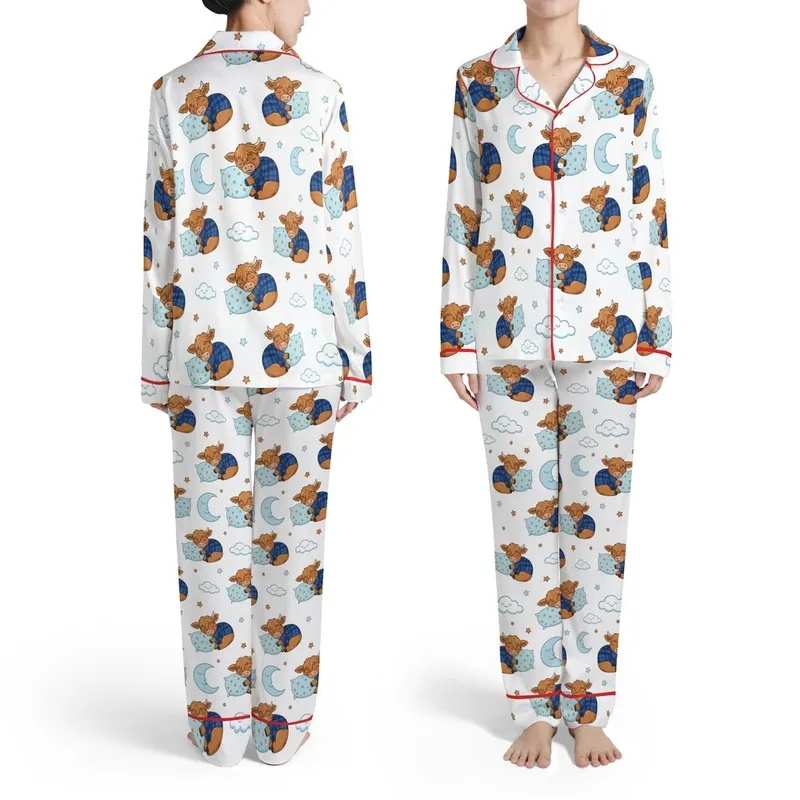 Baby Highland Calf Sleeping Blue Plaid Pillow Orange Stars Moon Clouds Warm Brown Deep Blue Satin Pajamas Set - 1