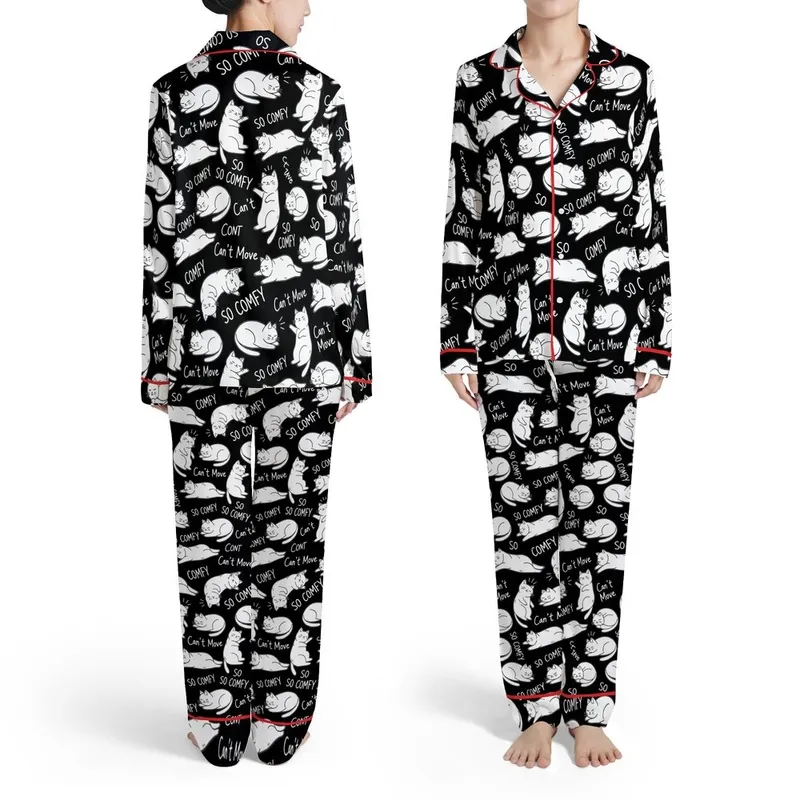 Cat Lovers Outline Feline Black Art Sleepy Poses 'SO COMFY' 'Can't Move' Design Satin Pajamas Set - 1