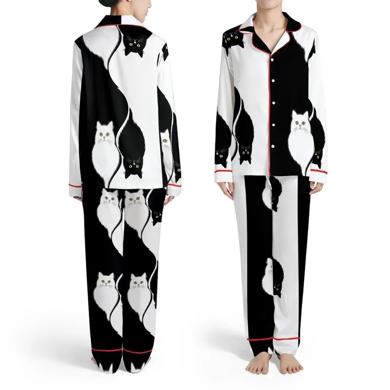 Cat Owner S-Curve Black White White Cat Amber Eyes Black Cat Golden Yellow Eyes Satin Pajamas Set - 1