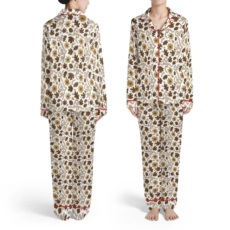 White Background Scattered Oak Maple Leaf Mustard Daisy Tan Gingham Ribbon Pinecone Motif Satin Pajamas Set - 1